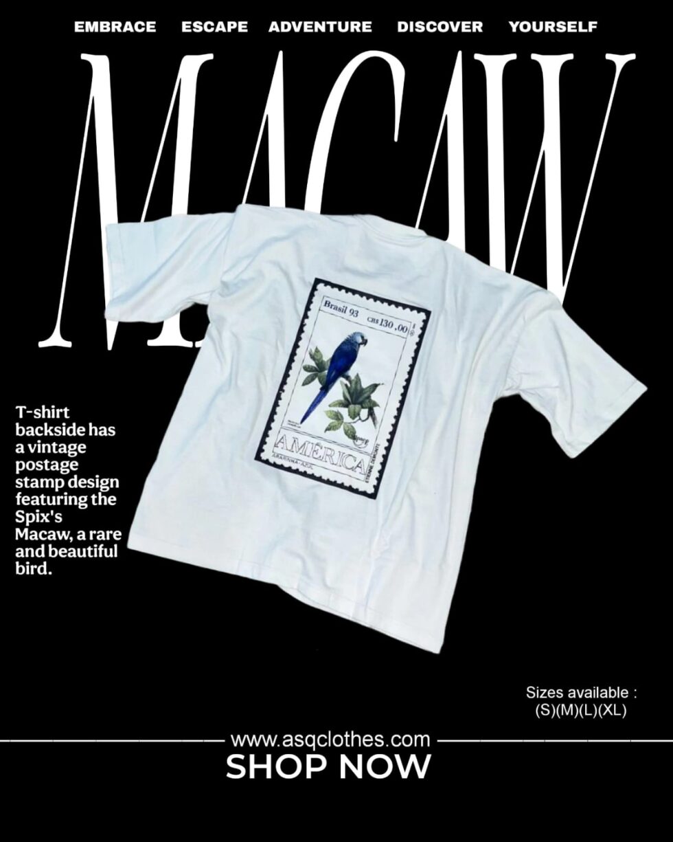 asq clothes, macaw shirt, blue bird